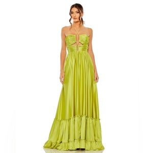 Mac Duggal RUCHED TIERED CRISS CROSS SPAGHETTI STRAP GOWN